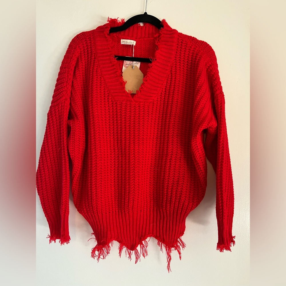 Beautiful Red V-neck Distressed Sweater